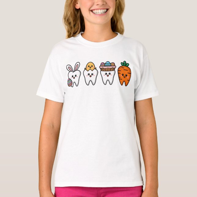 Camiseta Arte de Páscoa dos dentes de Kawaii - Assistente d (Frente)