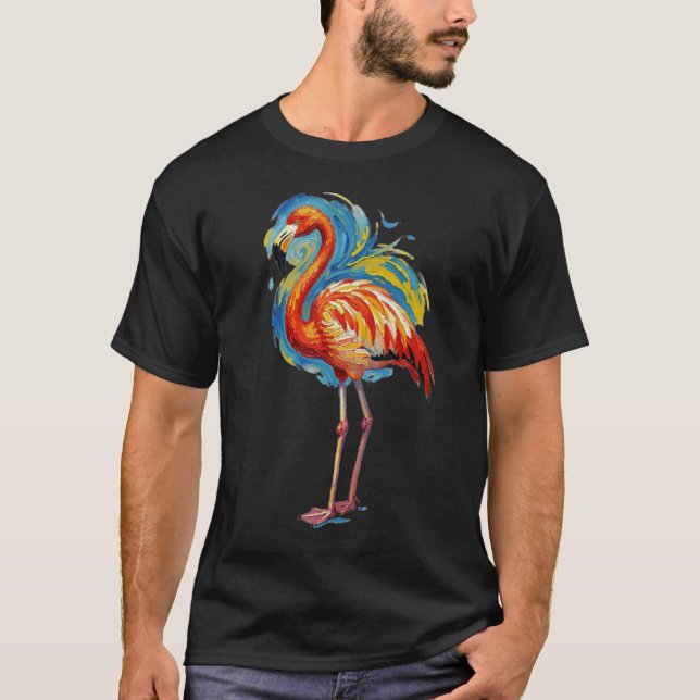 Camiseta Arte de Pássaro com Pincelada Abstrata de Flamingo (Frente)