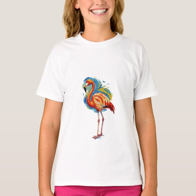Camiseta Arte de Pássaro com Pincelada Abstrata de Flamingo (Frente)