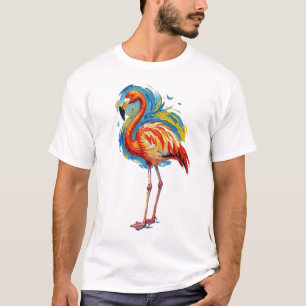 Camiseta Arte de Pássaro com Pincelada Abstrata de Flamingo