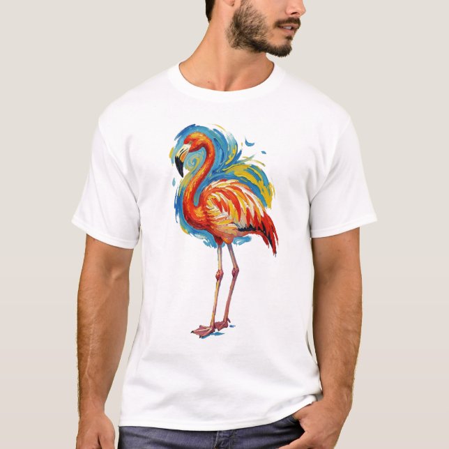 Camiseta Arte de Pássaro com Pincelada Abstrata de Flamingo (Frente)