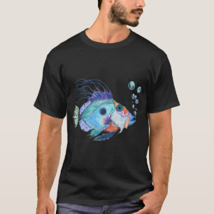 Camiseta Arte de Peixe Divertida na Decoração Tropical Azul