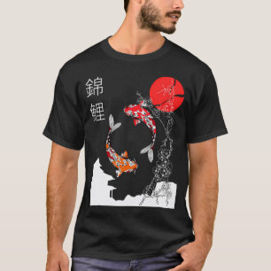 Camiseta Arte de Peixe Koi e Flor de Cerejeira com Sol Japo