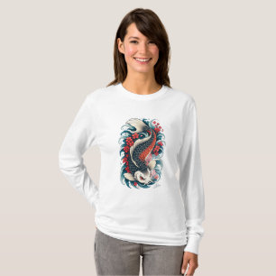 Camiseta Arte de Peixe Koi Japonês Manga Longa