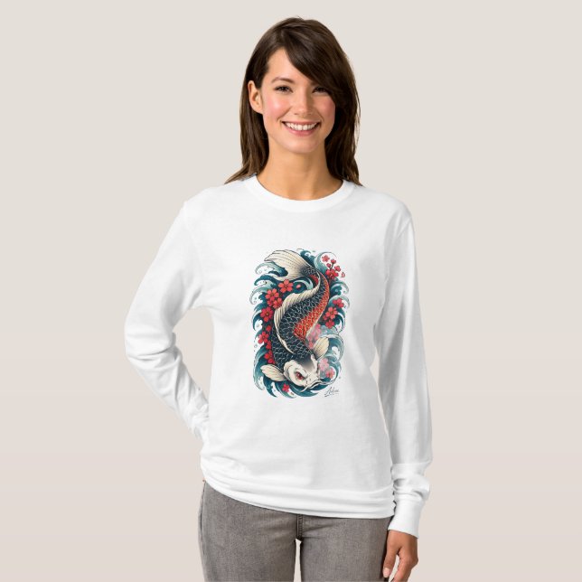 Camiseta Arte de Peixe Koi Japonês Manga Longa (Frente Completa)
