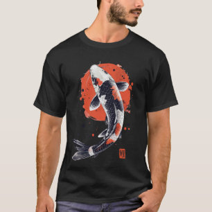 Camiseta Arte de Peixe Koi Japonês Sol Vermelho Estilo Zen 