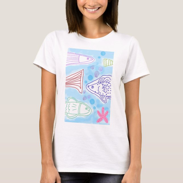 Camiseta Arte de peixes à beira-mar (Frente)