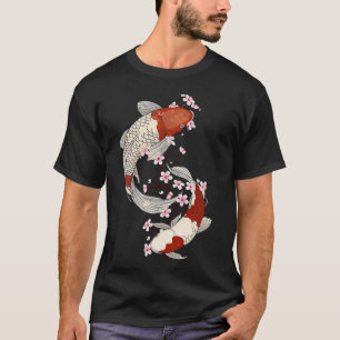 Camiseta Arte de Peixes Koi Japoneses com Flores de Sakura