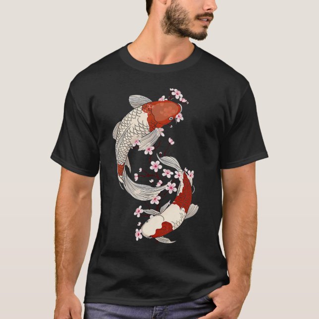 Camiseta Arte de Peixes Koi Japoneses com Flores de Sakura (Frente)