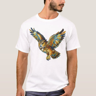 Camiseta Arte de Pincelada Colorida Abstrata de Coruja Voad