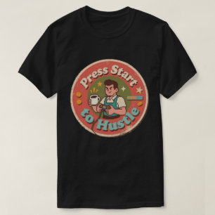 Camiseta Arte de Pixel Retrô Pressione Iniciar para o Agito