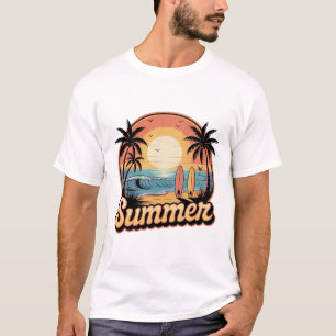 Camiseta Arte de Pôr do Sol de Verão Retrô Tábua de Surf Vi
