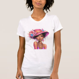 Camiseta Arte de retrato vibrante de mulher com chapéu flor