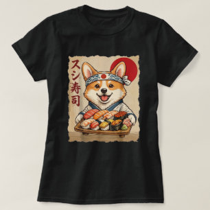 Camiseta Arte de Rolo de Sushi de Corgi ao Estilo Japonês