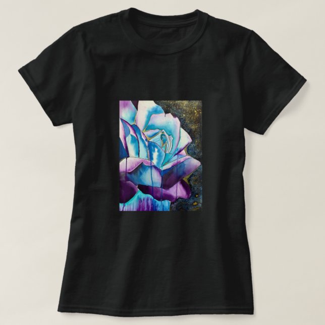Camiseta Arte de rosa em aquarela gótica roxa azul (Frente do Design)