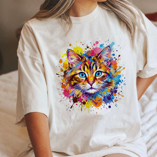 Camiseta Arte de Rosto de Gato em Aquarela Vibrante com Sal
