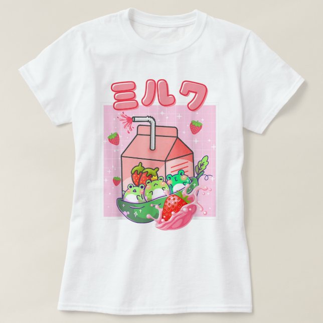Camiseta Arte de Sapo de Leite de Morango Kawaii (Frente do Design)