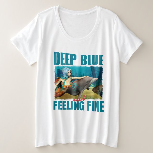 Camiseta Arte de Sereia de Golfinho Azul Profundo e Sentind (Frente do Design)