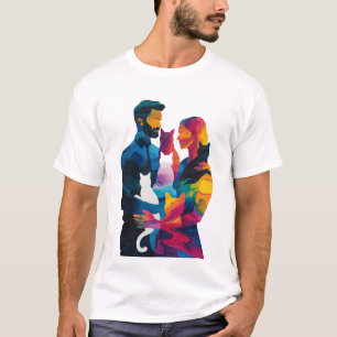Camiseta Arte de Silhueta de Casal Colorido e Gatos