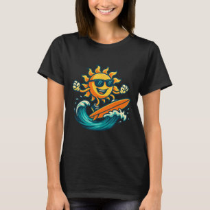 Camiseta Arte de Sol de Desenho Animado Surfando Onda de Pr