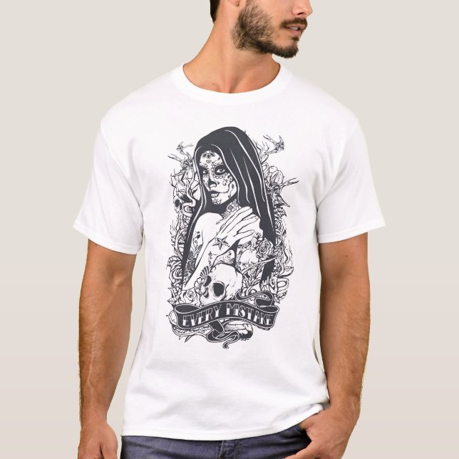 Camiseta Arte de Tatuagem de Mulher com Caveira Açucarada G (Frente)