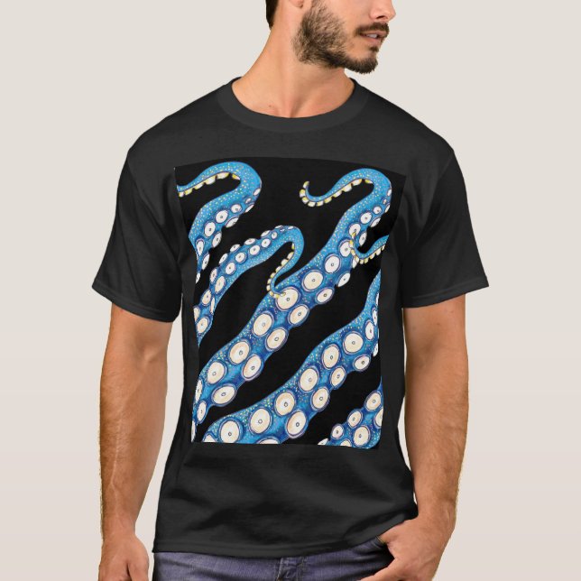 Camiseta Arte de Tentáculos de Octopus Kraken Azul (Frente)