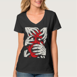 Camiseta Arte de Terror de Demônio Vermelho Cobrindo o Rost
