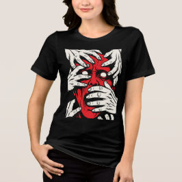 Camiseta Arte de Terror do Demônio Vermelho Cobrindo o Rost