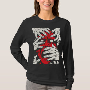 Camiseta Arte de Terror do Demônio Vermelho Cobrindo o Rost