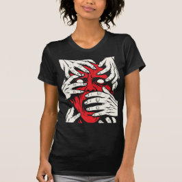 Camiseta Arte de Terror do Demônio Vermelho Cobrindo o Rost