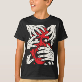 Camiseta Arte de Terror do Demônio Vermelho Cobrindo o Rost