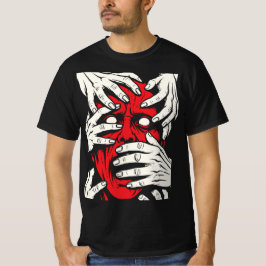Camiseta Arte de Terror do Demônio Vermelho Cobrindo o Rost