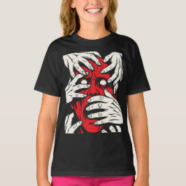 Camiseta Arte de Terror do Demônio Vermelho Cobrindo o Rost