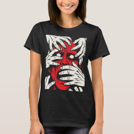 Camiseta Arte de Terror do Demônio Vermelho Cobrindo o Rost