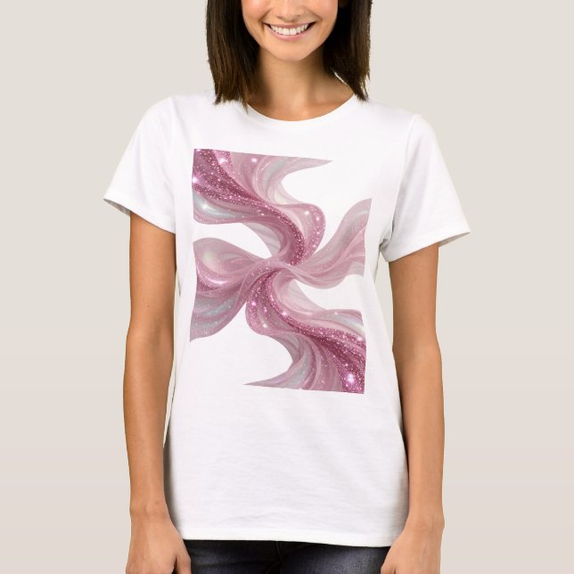 Camiseta Arte de Texto 3D Brilho Rosa Ondas Prata Nítida (Frente)
