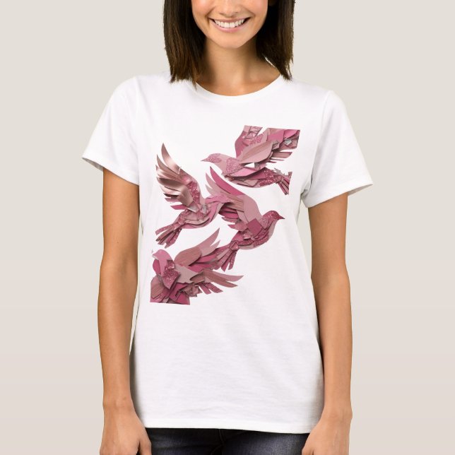 Camiseta Arte de texto 3D de prata ousada com PÁSSAROS ROSA (Frente)