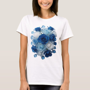 Camiseta Arte de Texto 3D de Rosas Azuis Prateadas da Moda