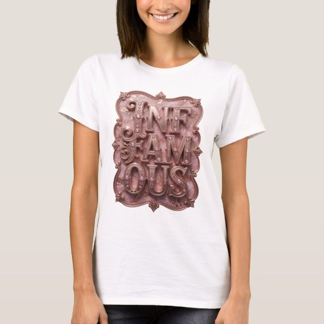 Camiseta Arte de texto 3D em ouro acentuado INFAMOUS (Frente)