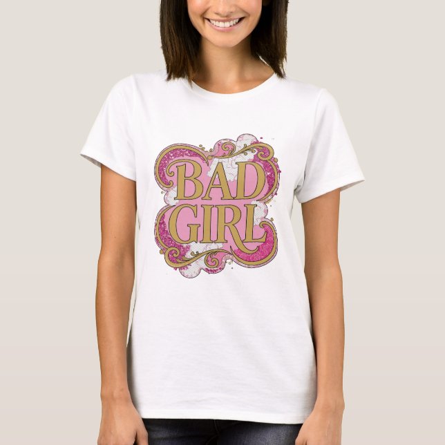 Camiseta Arte de texto 3D em ouro Statement BAD GIRL (Frente)
