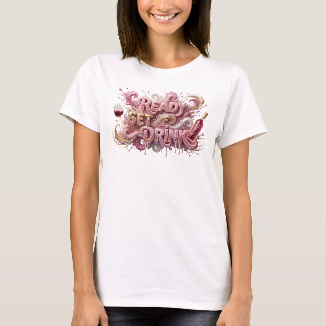 Camiseta Arte de Texto 3D em Rosa Moderno READY SET DRINK (Frente)