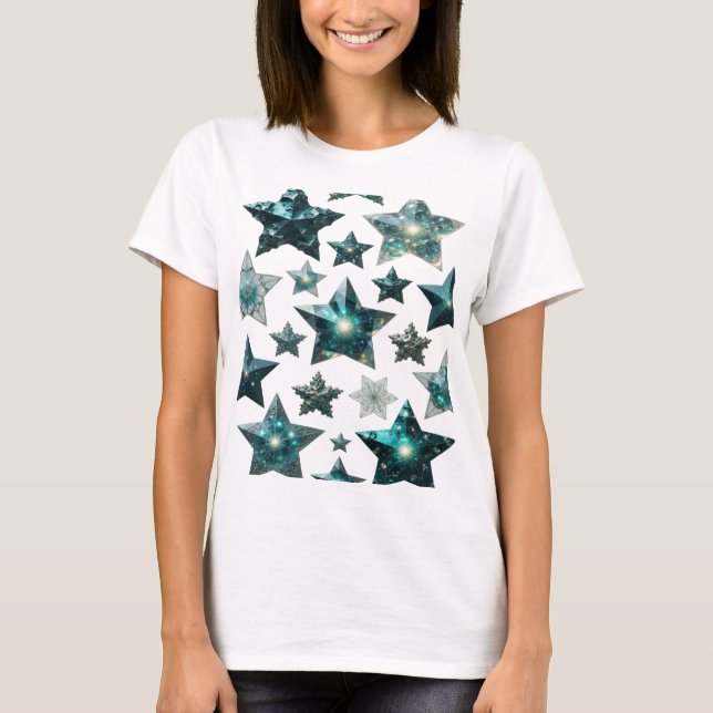 Camiseta Arte de Texto 3D Estrelas Azuis Prata na Moda (Frente)