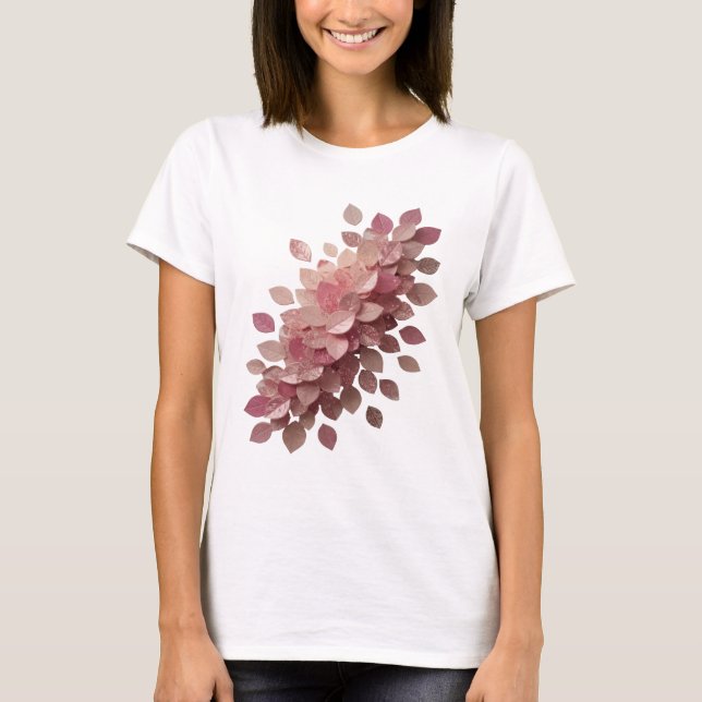 Camiseta Arte de Texto 3D Folhas Rosa Prata Afiado (Frente)