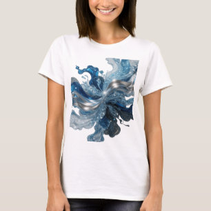 Camiseta Arte de Texto 3D Onda de Água Prata Linda