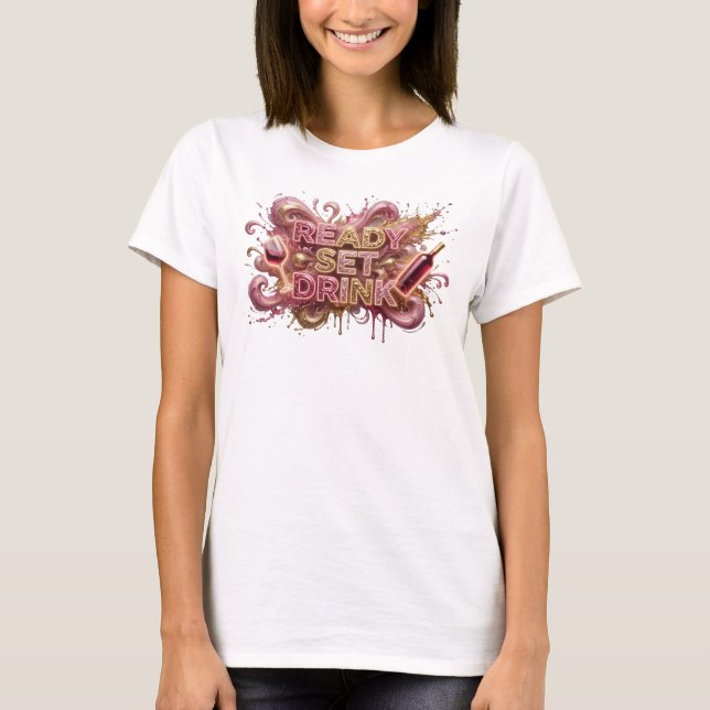 Camiseta Arte de Texto 3D Striking Pink READY SET DRINK (Frente)