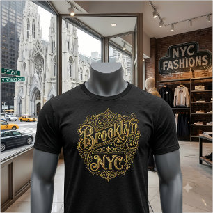 Camiseta Arte de Tipografia Ornamentada a Ouro do Brooklyn