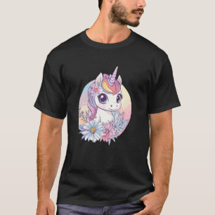 Camiseta Arte de Unicórnio Fofo Rodeado por Flores