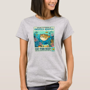 Camiseta Arte de Viagem Retro de Peixe Gato Aquático Submar