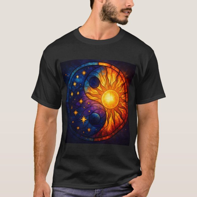 Camiseta Arte de Vidro Colorido Yin Yang Celestial (Frente)