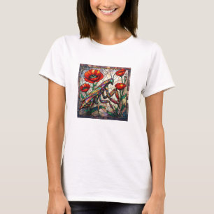 Camiseta Arte de Vidro Manchado Louva-a-Deus Papoula Vermel