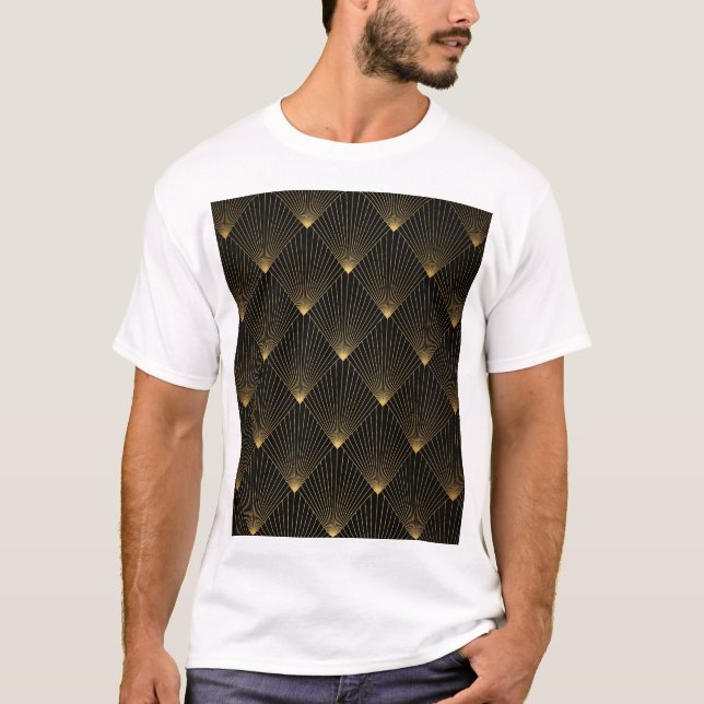 Camiseta Arte Deco: Legância Dourada Negra. (Frente)